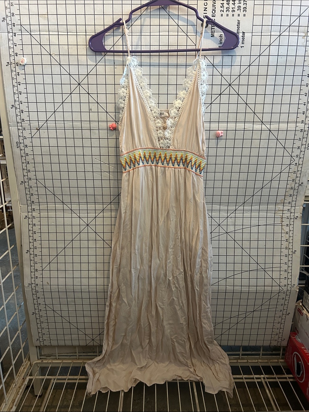 Bubba Beige Lace-Trim Maxi Dress with Embroidered Waist